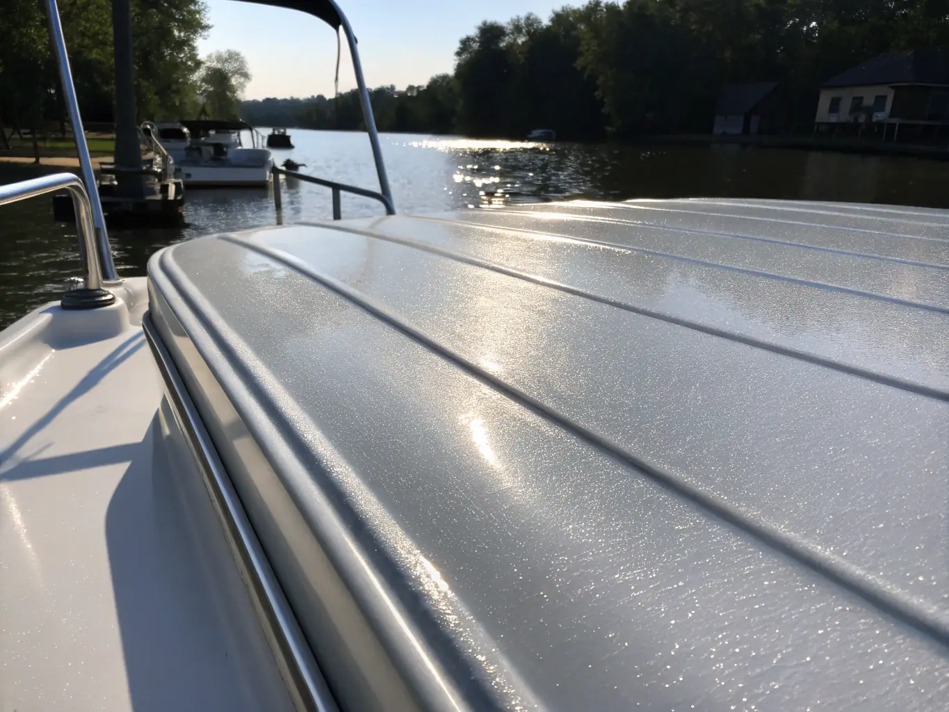 A pristine boat with a shiny exterior and spotless interior, showcasing our detailing work, emphasizing the high-quality results of The Butler Did It Marine Services.