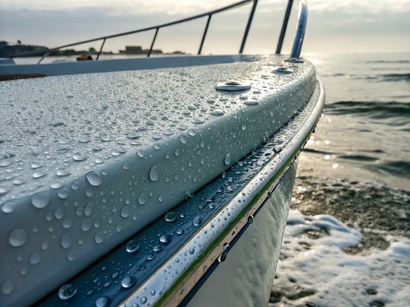 A boat hull with a ceramic coating being applied, highlighting the protective layer and glossy finish provided by The Butler Did It Marine Services.